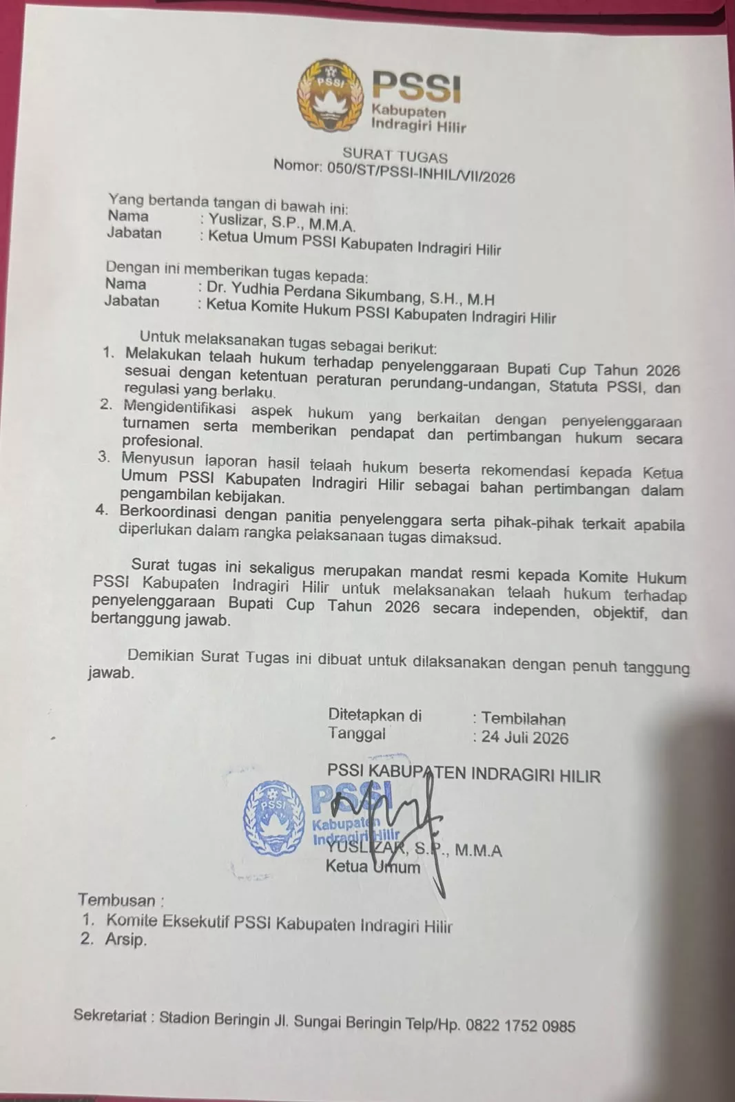 Komite Hukum PSSI Inhil Mulai Telaah Dugaan Persoalan Sponsorship dan Tiket Bupati Cup 2026