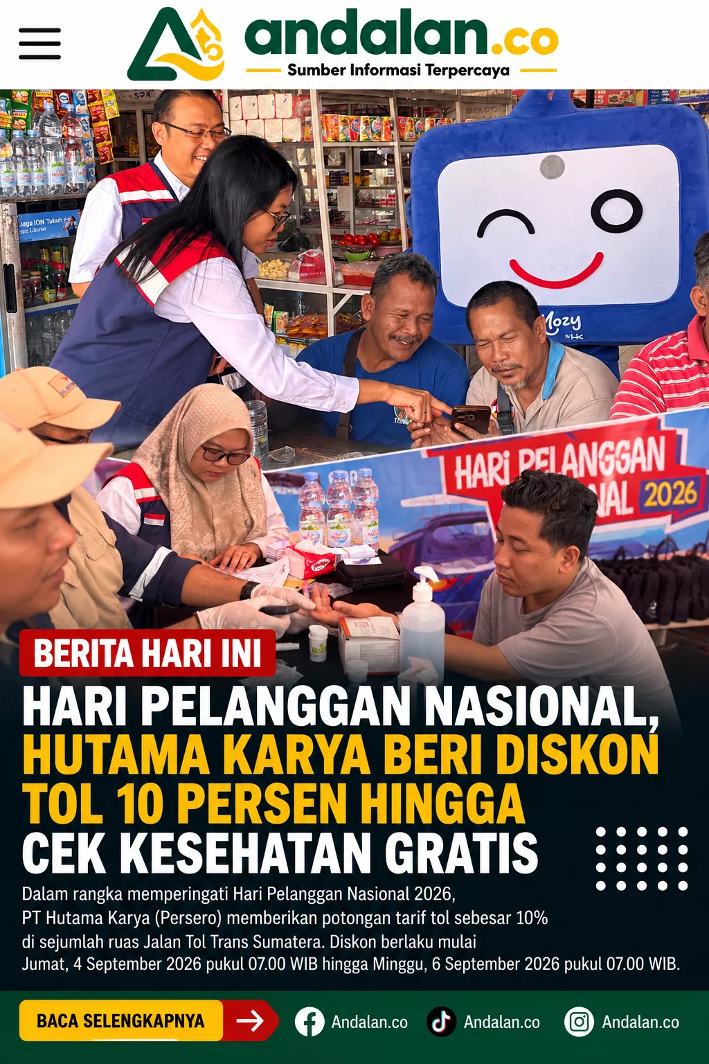 Hari Pelanggan Nasional, Hutama Karya Beri Diskon Tol 10 Persen hingga Cek Kesehatan Gratis