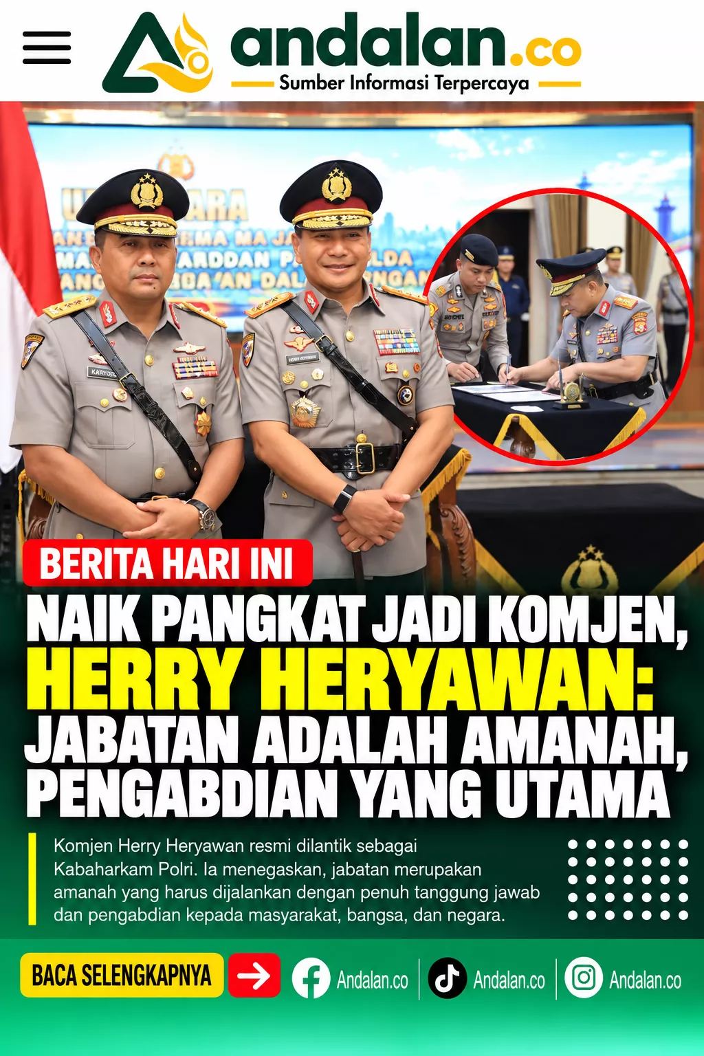 Naik Pangkat Jadi Komjen, Herry Heryawan: Jabatan adalah Amanah, Pengabdian yang Utama