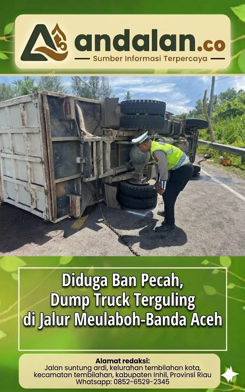 Diduga Ban Pecah, Dump Truck Terguling di Jalur Meulaboh-Banda Aceh
