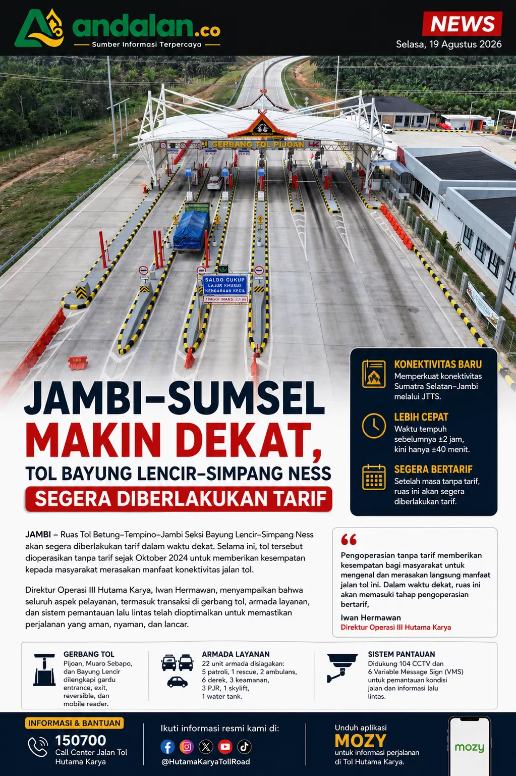 Jambi-Sumsel Makin Dekat, Tol Bayung Lencir-Simpang Ness Segera Diberlakukan Tarif