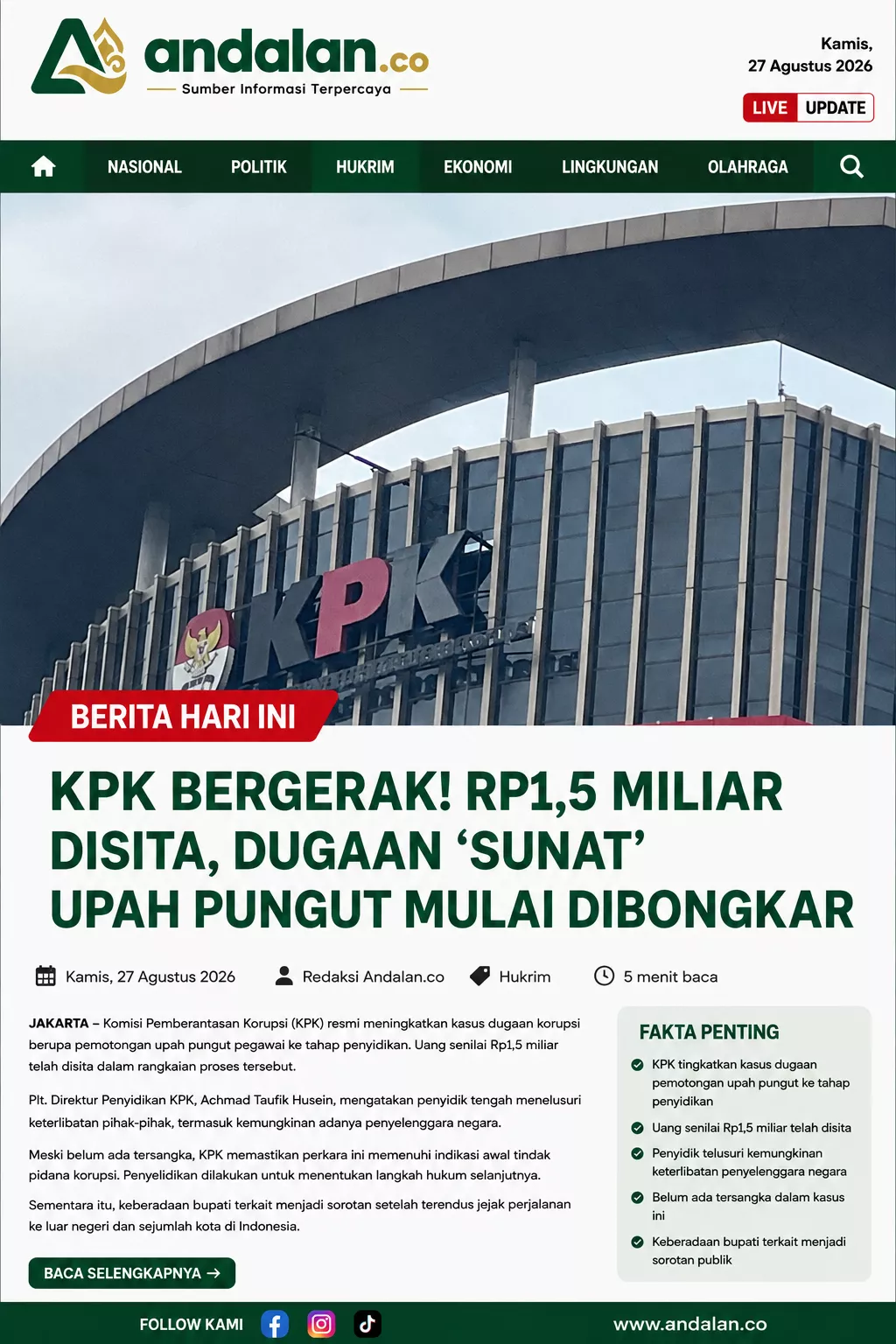 KPK Bergerak! Rp1,5 Miliar Disita, Dugaan ‘Sunat’ Upah Pungut Mulai Dibongkar