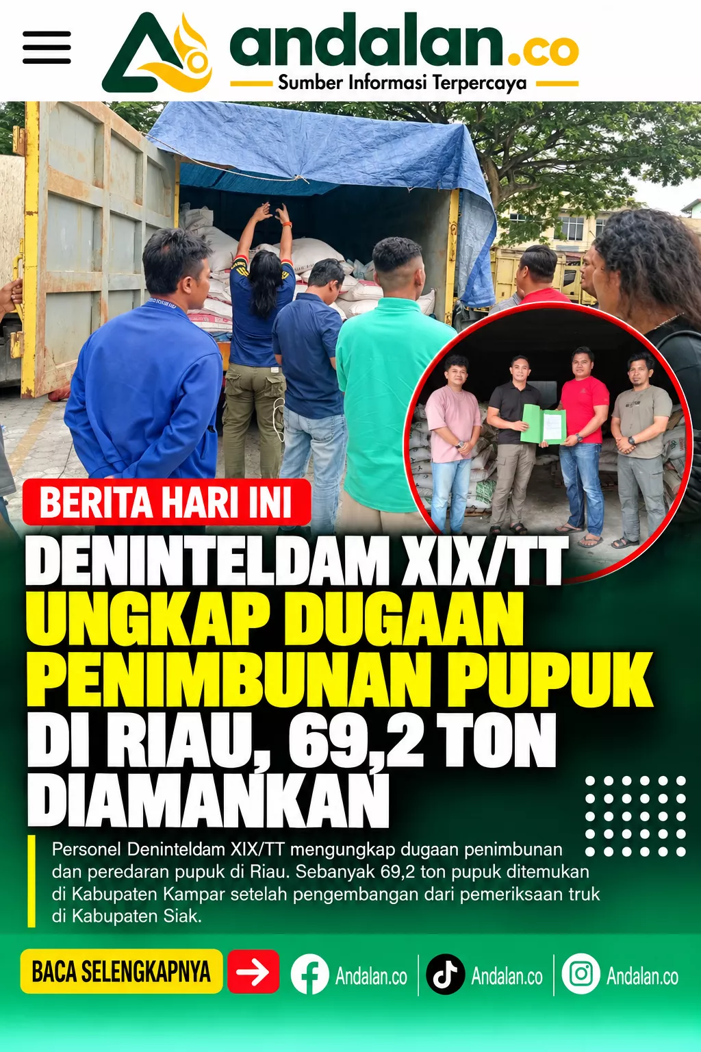 Deninteldam XIX/TT Ungkap Dugaan Penimbunan Pupuk di Riau, 69,2 Ton Diamankan