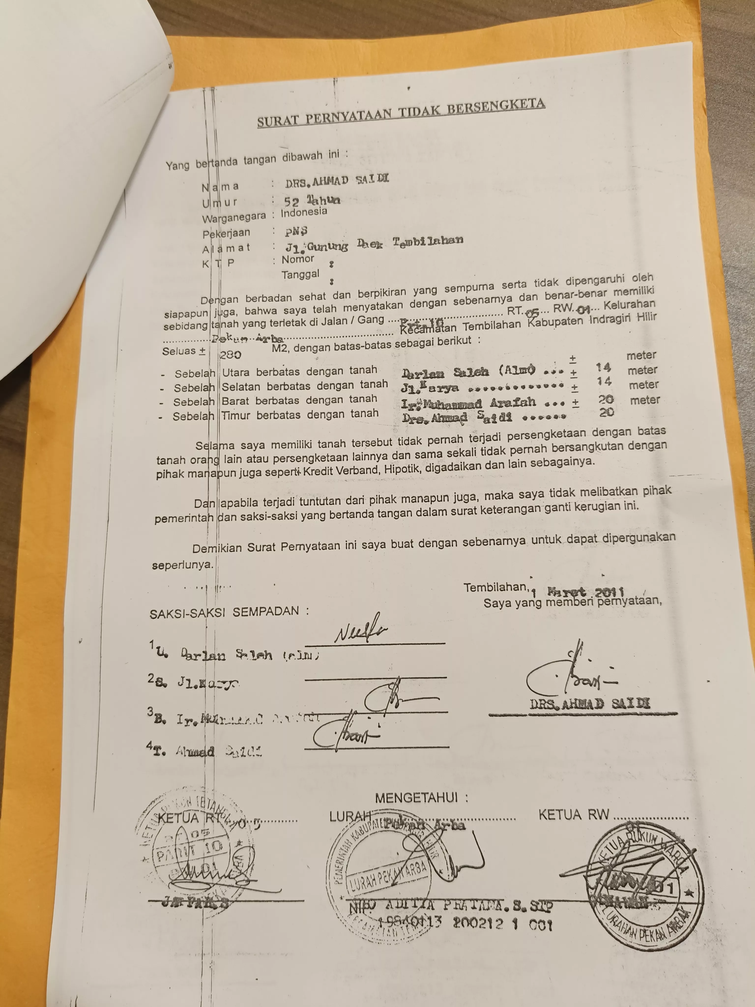 Surat Tanah Atas Nama Rosmaitun di Pekan Arba Tembilahan Dilaporkan Hilang