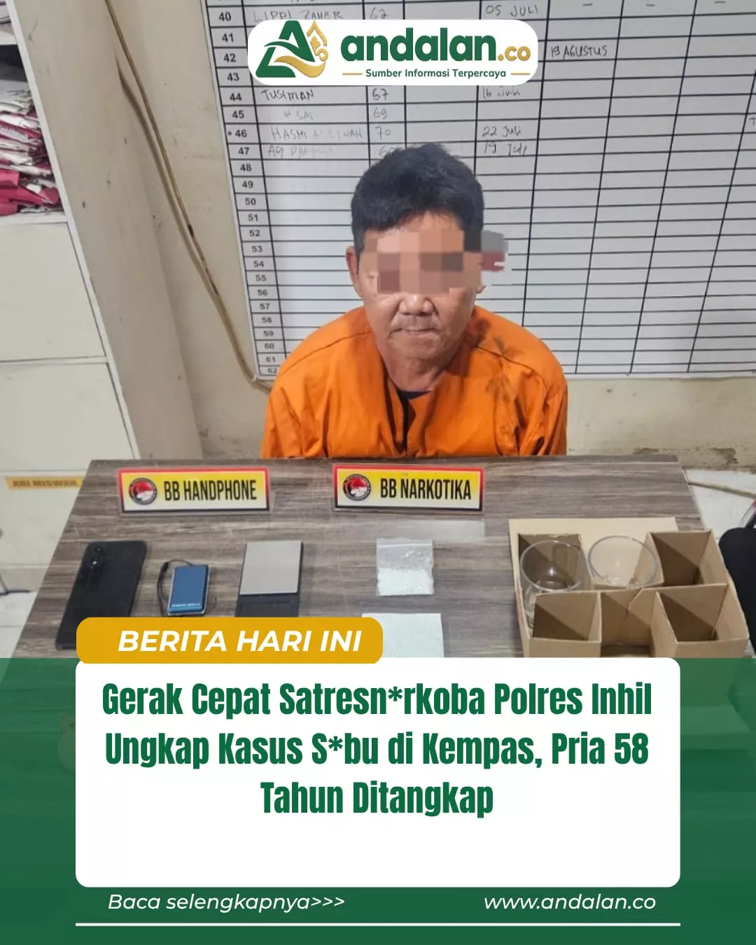 Gerak Cepat Satresn*rkoba Polres Inhil Ungkap Kasus S*bu di Kempas, Pria 58 Tahun Ditangkap