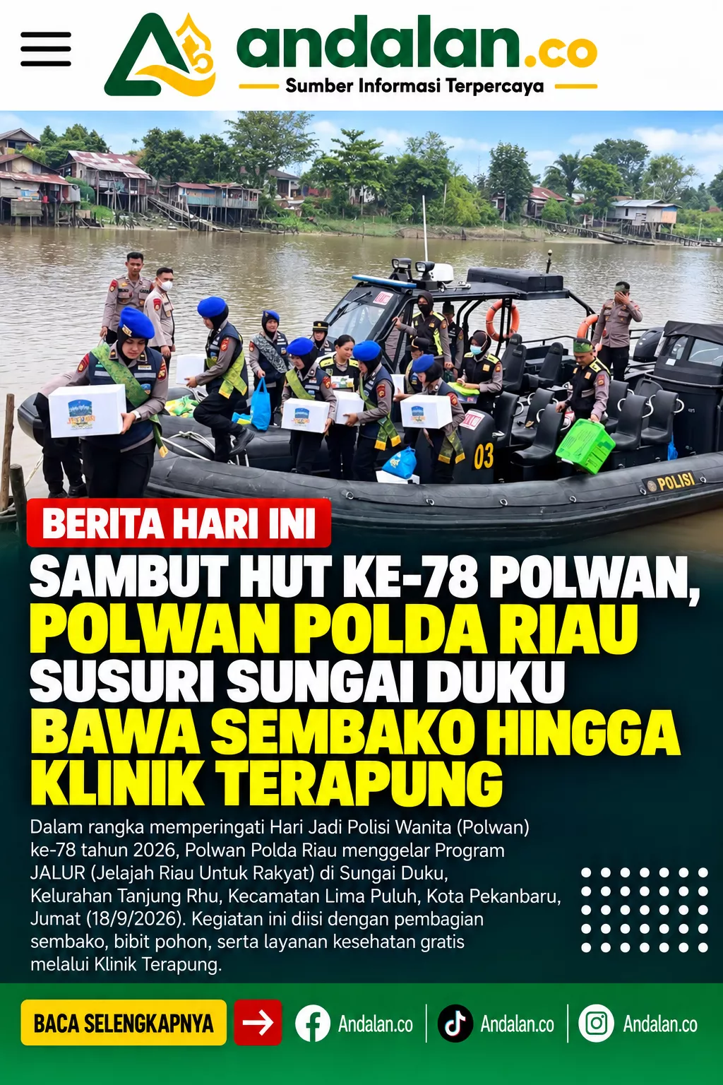 Sambut HUT ke-78 Polwan, Polwan Polda Riau Susuri Sungai Duku Bawa Sembako hingga Klinik Terapung