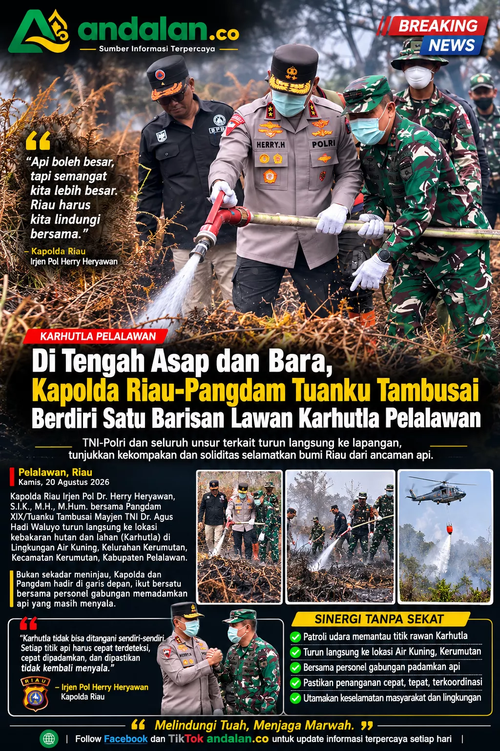 Di Tengah Asap dan Bara, Kapolda Riau-Pangdam Tuanku Tambusai Berdiri Satu Barisan Lawan Karhutla Pelalawan
