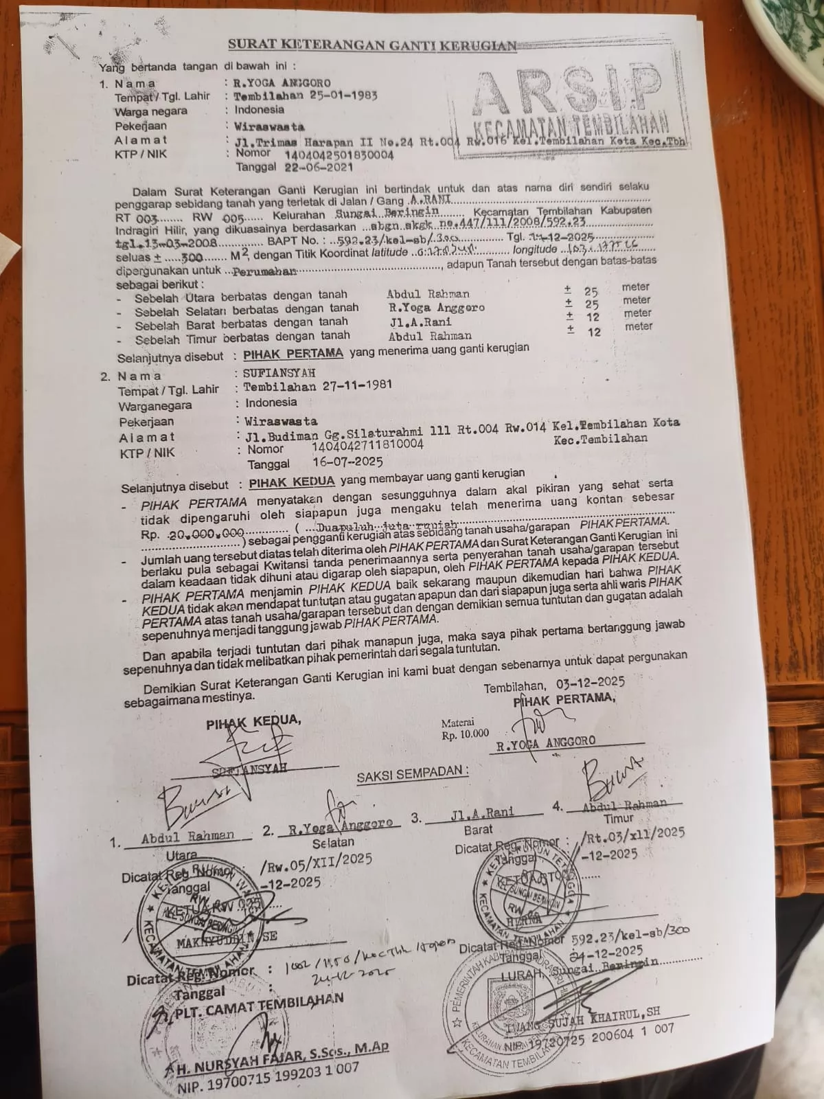 Surat Tanah Atas Nama Sufiansyah di Tembilahan Hilang, Lokasi Berbatasan dengan Lahan R. Yoga Anggoro