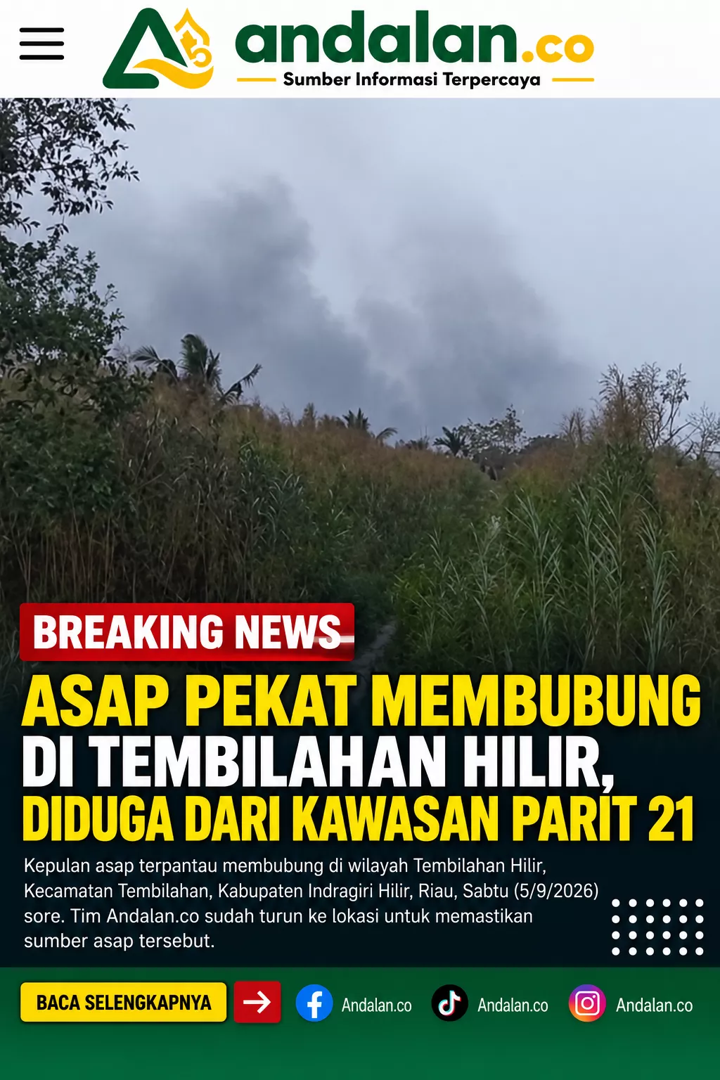 BREAKING NEWS: Asap Pekat Membubung di Tembilahan Hilir, Diduga dari Kawasan Parit 21