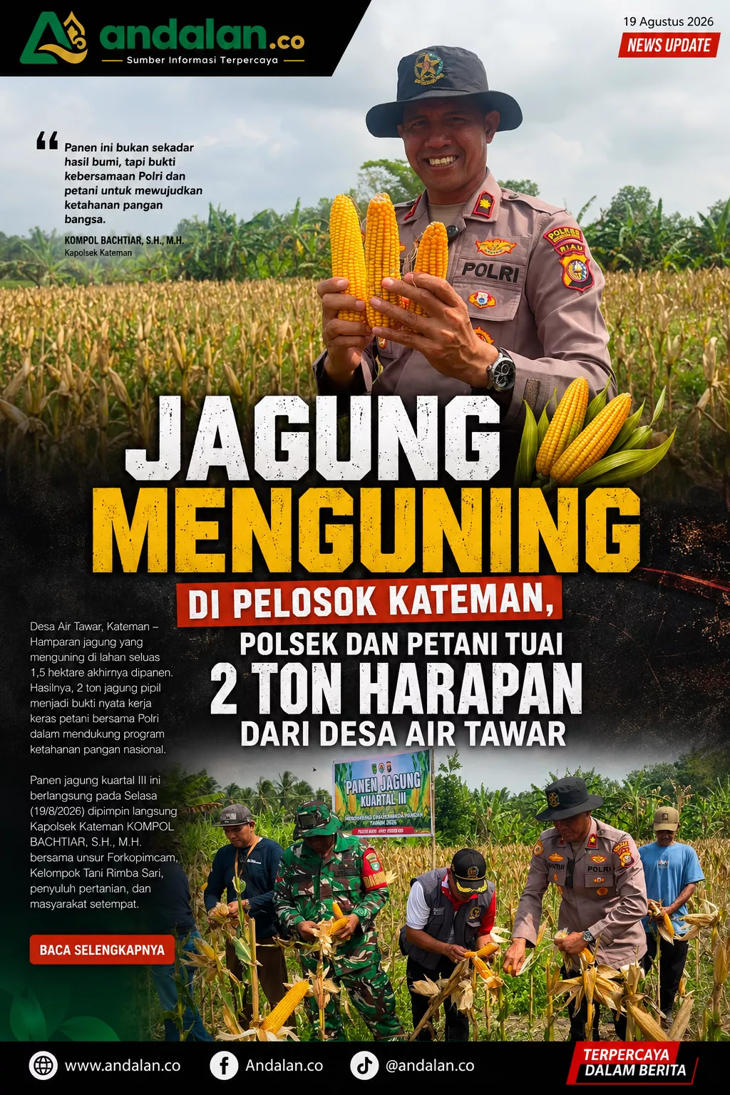 Jagung Menguning di Pelosok Kateman, Polsek dan Petani Tuai 2 Ton Harapan dari Desa Air Tawar