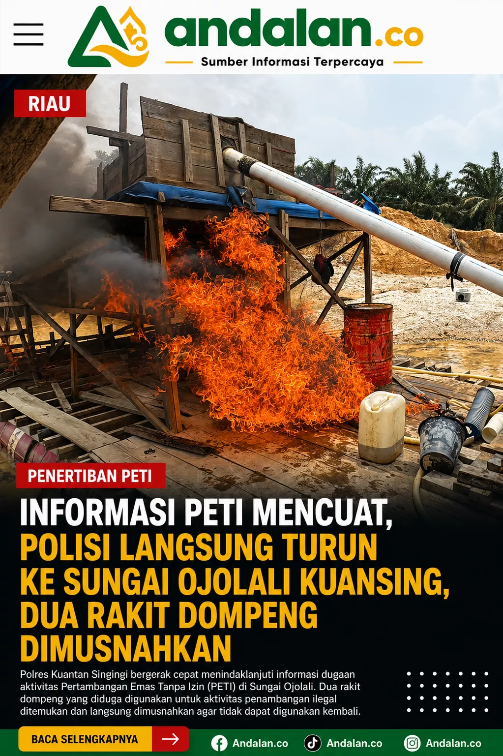 Informasi PETI Mencuat, Polisi Langsung Turun ke Sungai Ojolali Kuansing, Dua Rakit Dompeng Dimusnahkan