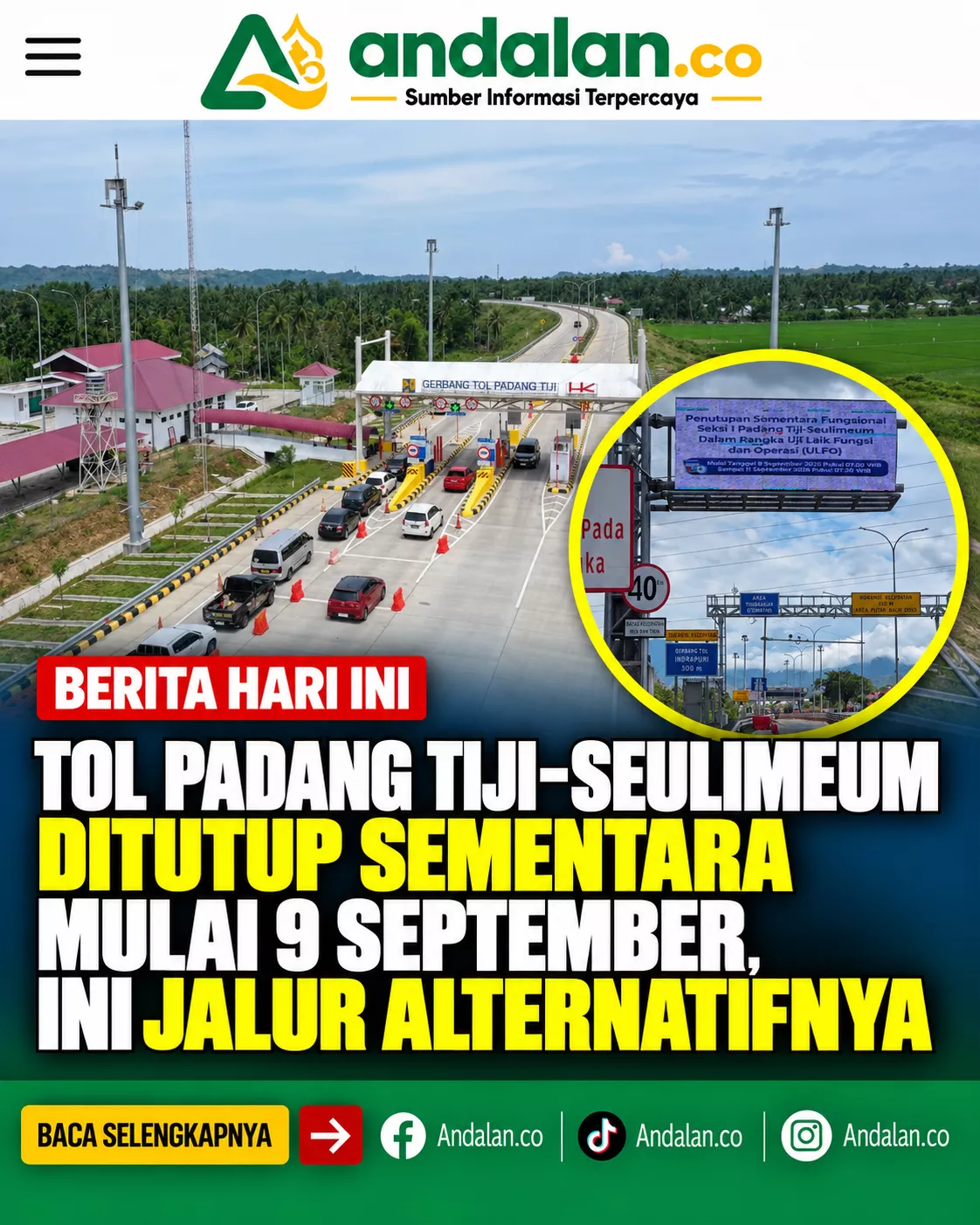 Tol Padang Tiji-Seulimeum Ditutup Sementara Mulai 9 September, Ini Jalur Alternatifnya