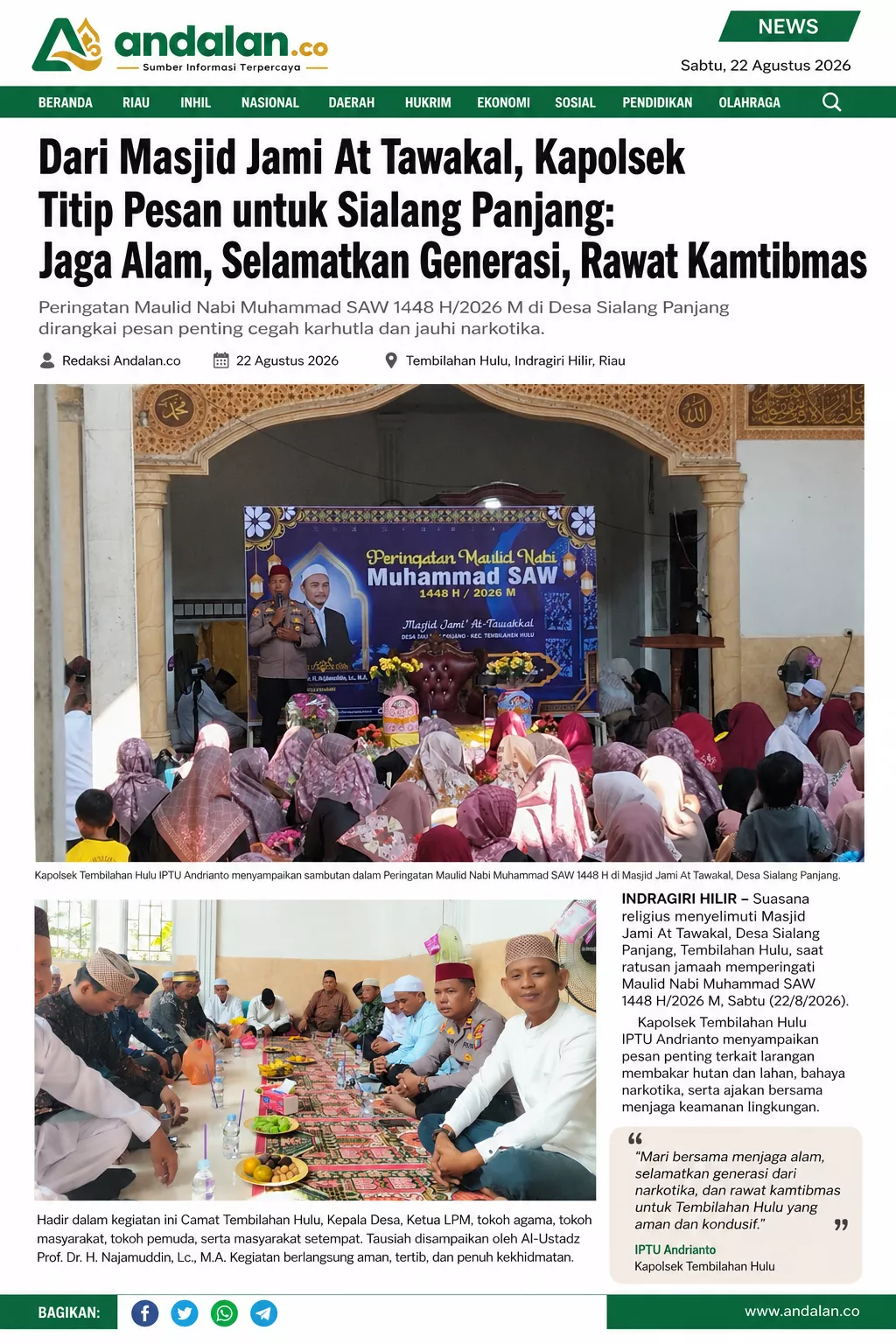 Dari Masjid Jami At Tawakal, Kapolsek Titip Pesan untuk Sialang Panjang: Jaga Alam, Selamatkan Generasi, Rawat Kamtibmas