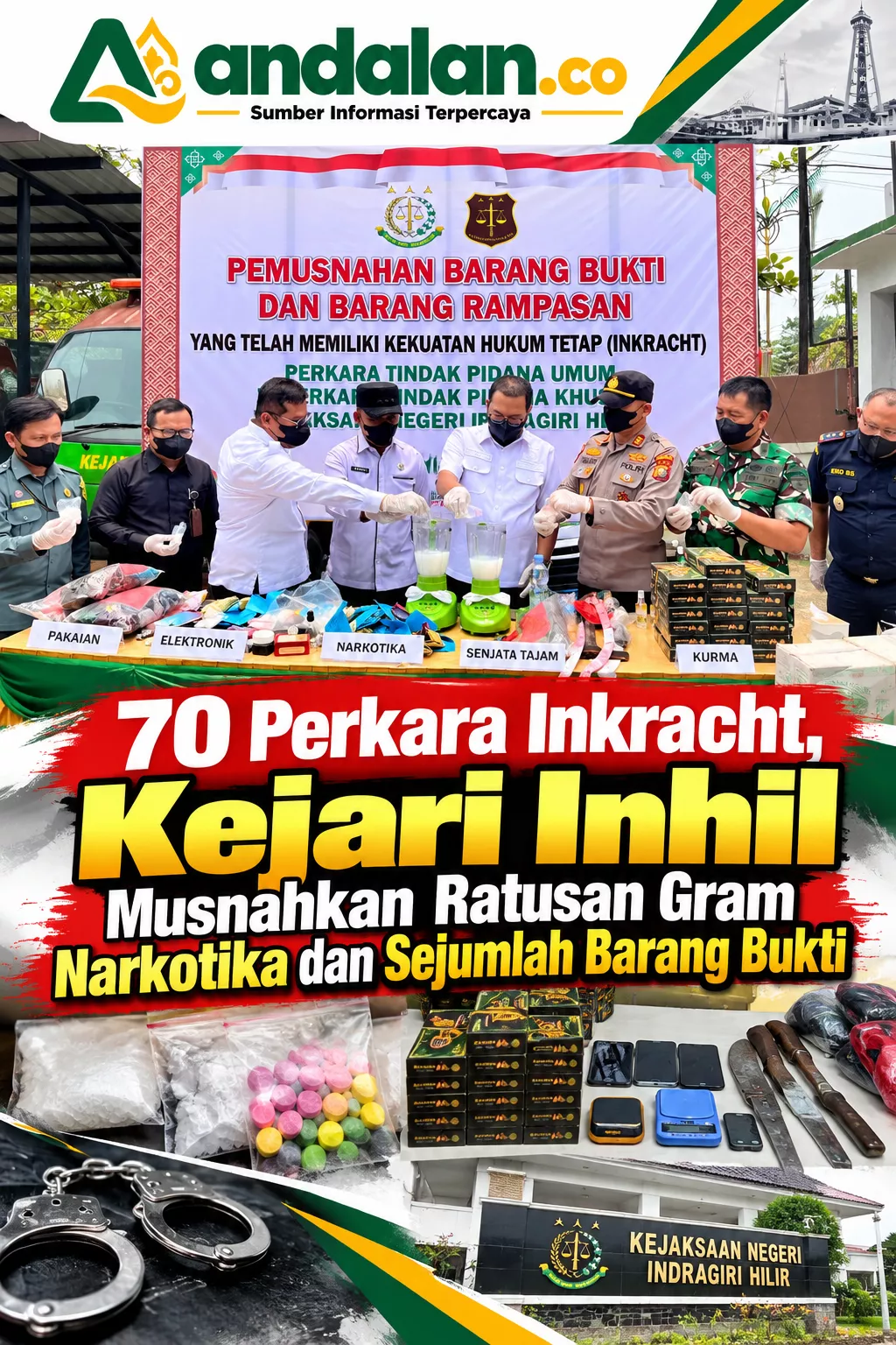 70 Perkara Inkracht, Kejari Inhil Musnahkan Ratusan Gram Narkotika dan Sejumlah Barang Bukti