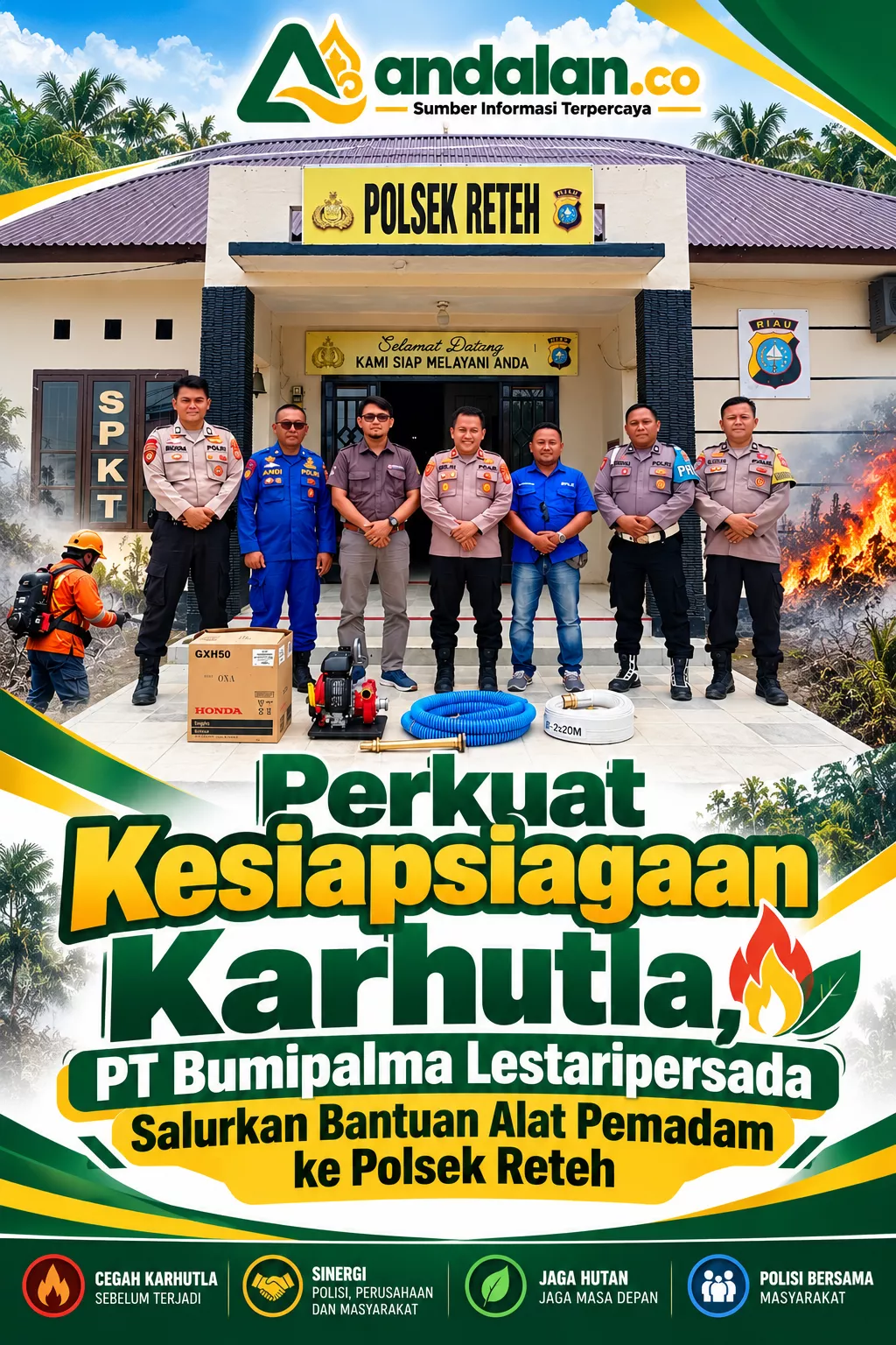 Perkuat Kesiapsiagaan Karhutla, PT Bumipalma Lestaripersada Salurkan Bantuan Alat Pemadam ke Polsek Reteh