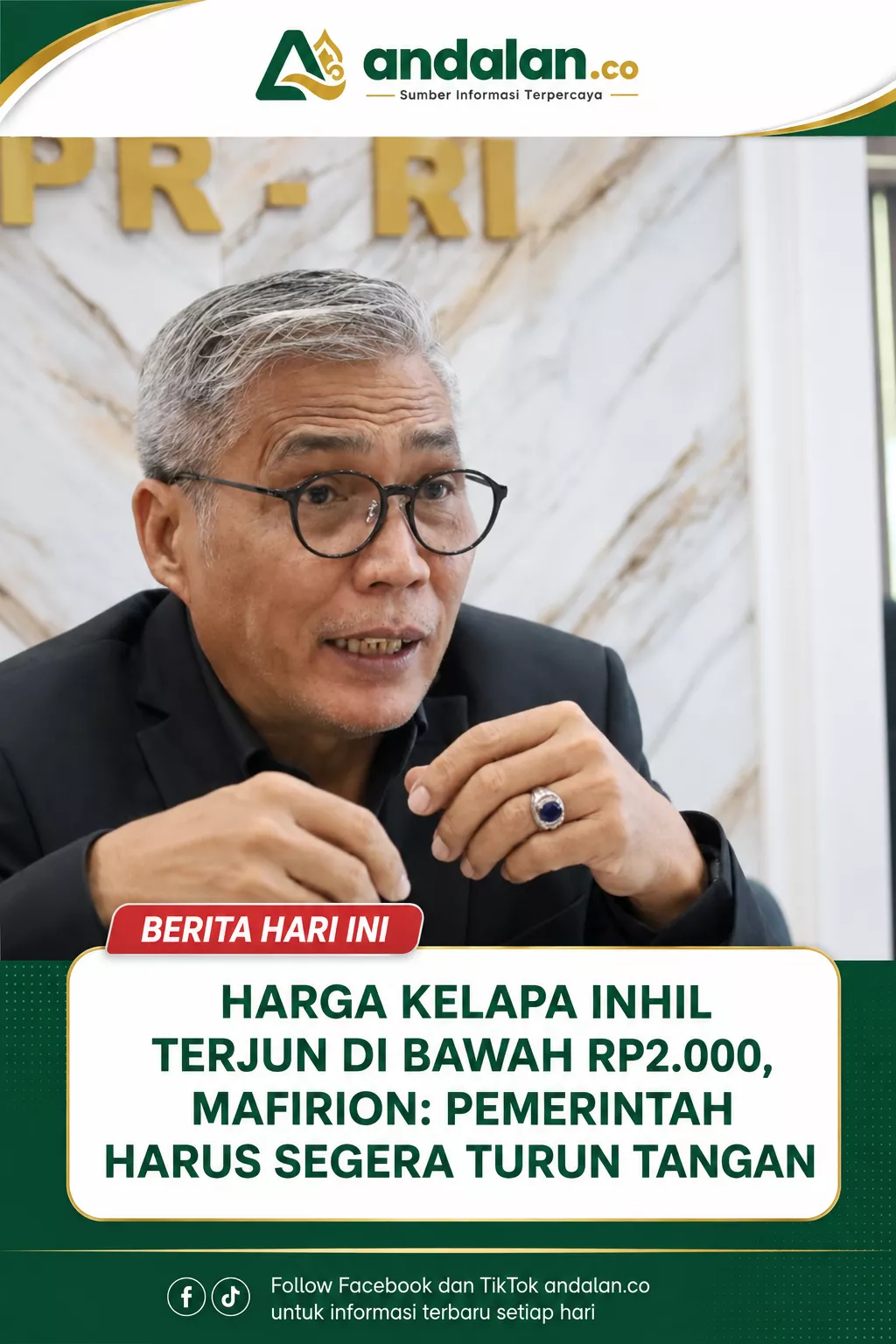 Harga Kelapa Inhil Terjun di Bawah Rp2.000, Mafirion: Pemerintah Harus Segera Turun Tangan