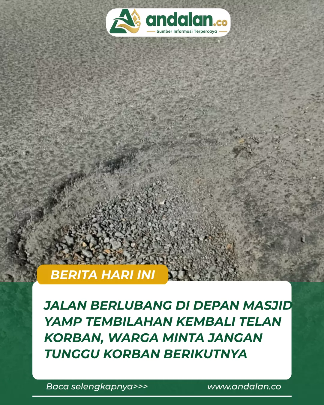 Jalan Berlubang di Depan Masjid YAMP Tembilahan Kembali Telan Korban, Warga Minta Jangan Tunggu Korban Berikutnya