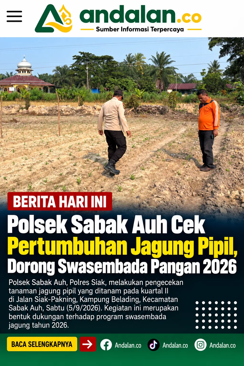 Polsek Sabak Auh Cek Pertumbuhan Jagung Pipil, Dorong Swasembada Pangan 2026