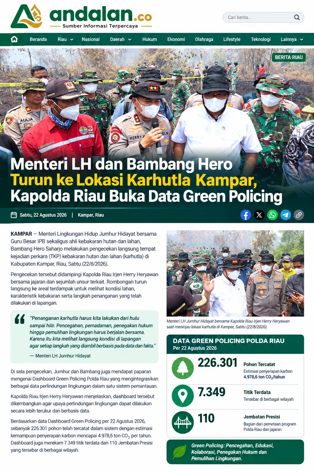 Menteri LH dan Bambang Hero Turun ke Lokasi Karhutla Kampar, Kapolda Riau Buka Data Green Policing