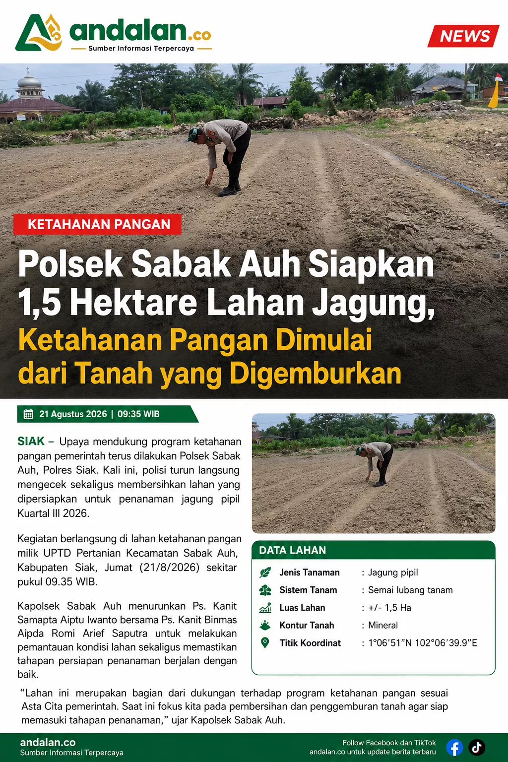 Polsek Sabak Auh Siapkan 1,5 Hektare Lahan Jagung, Ketahanan Pangan Dimulai dari Tanah yang Digemburkan