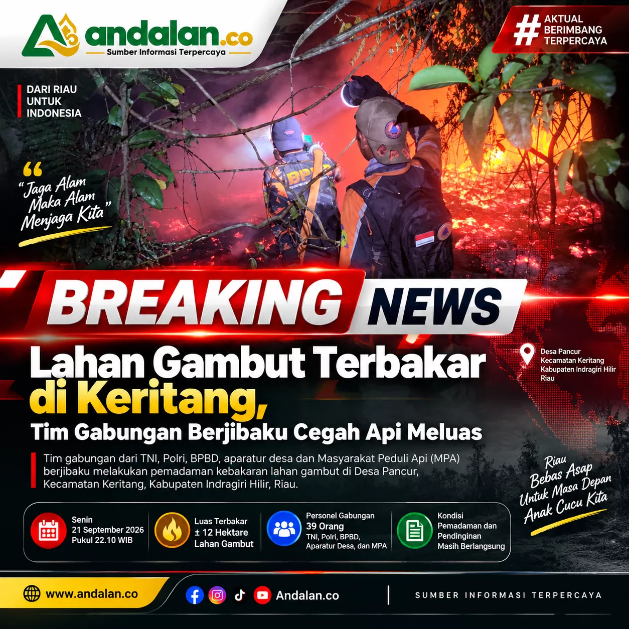 BREAKING NEWS: Lahan Gambut Terbakar di Keritang, Tim Gabungan Berjibaku Cegah Api Meluas