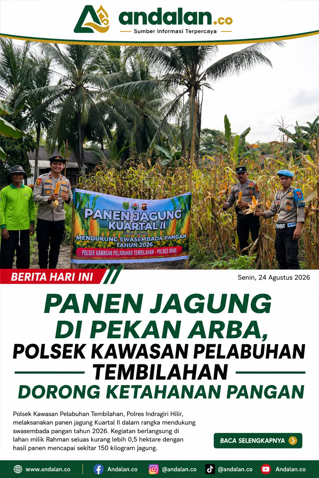 Panen Jagung di Pekan Arba, Polsek Kawasan Pelabuhan Tembilahan Dorong Ketahanan Pangan