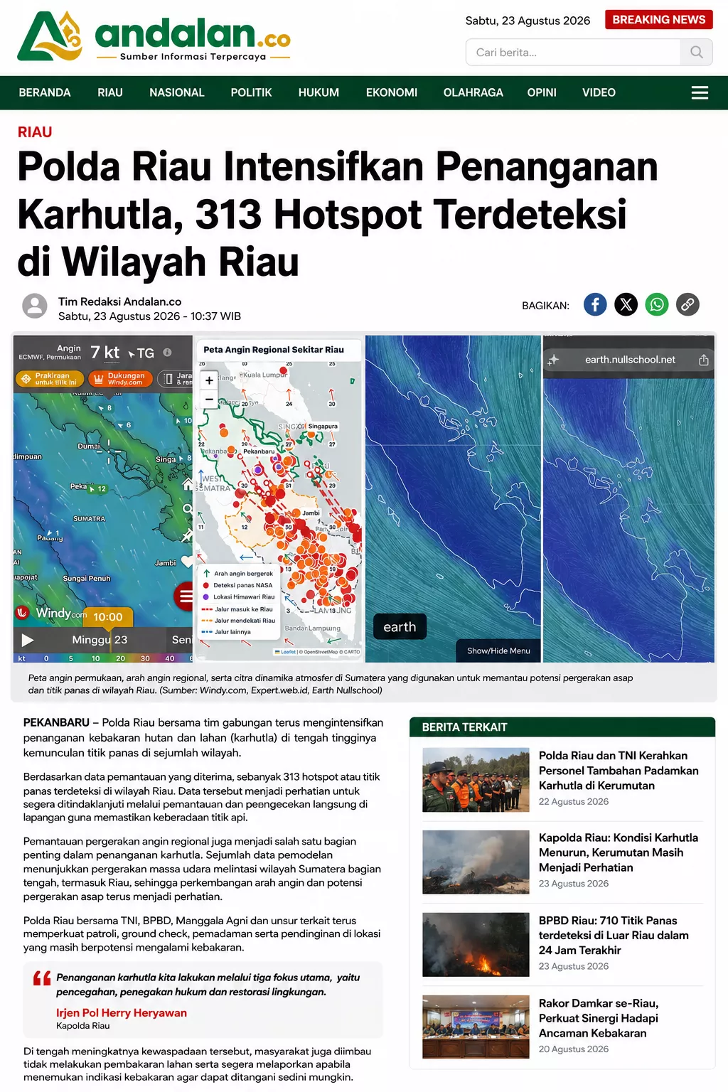 Polda Riau Intensifkan Penanganan Karhutla, 313 Hotspot Terdeteksi di Wilayah Riau