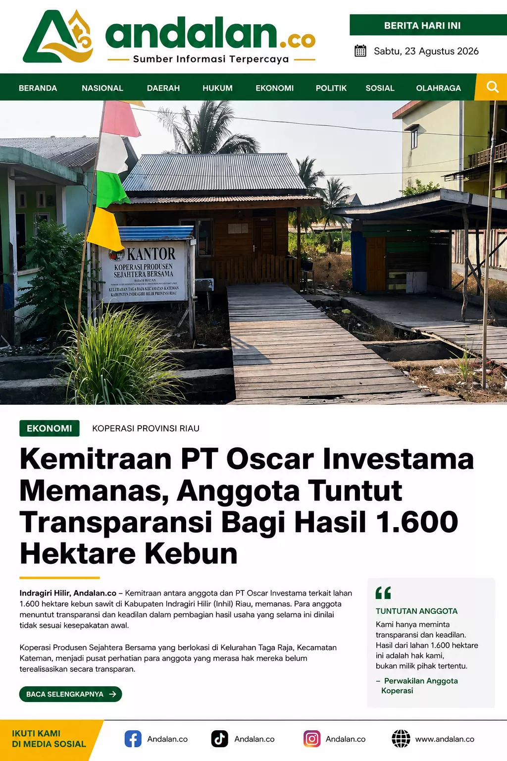 Kemitraan PT Oscar Investama Memanas, Anggota Tuntut Transparansi Bagi Hasil 1.600 Hektare Kebun