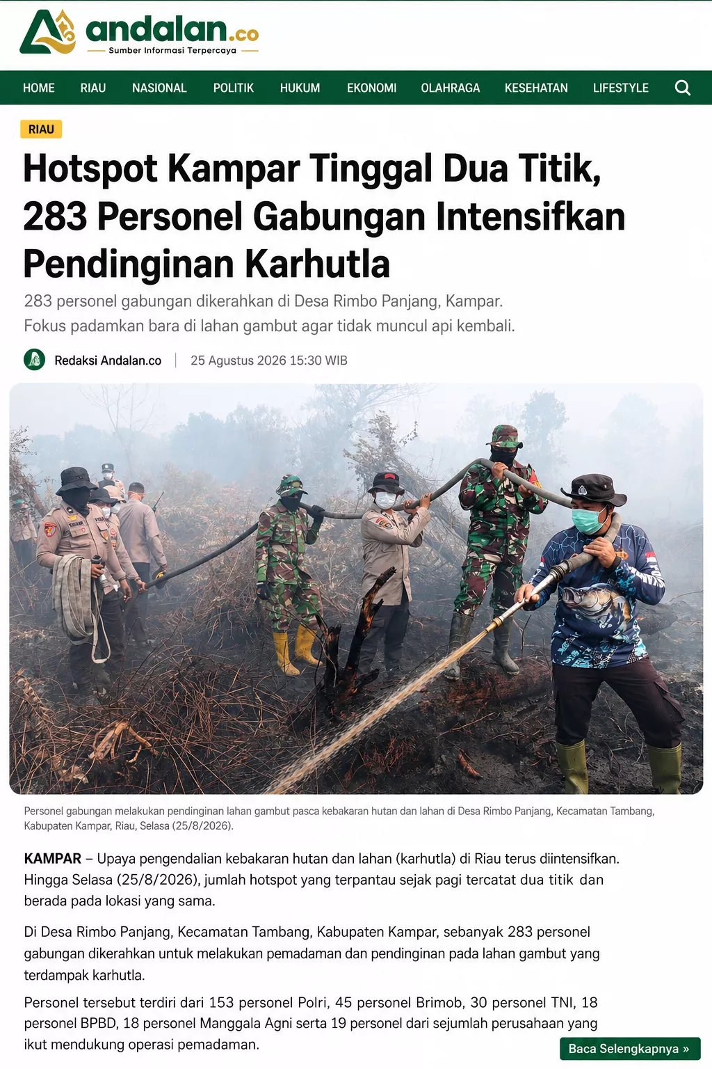 Hotspot Kampar Tinggal Dua Titik, 283 Personel Gabungan Intensifkan Pendinginan Karhutla