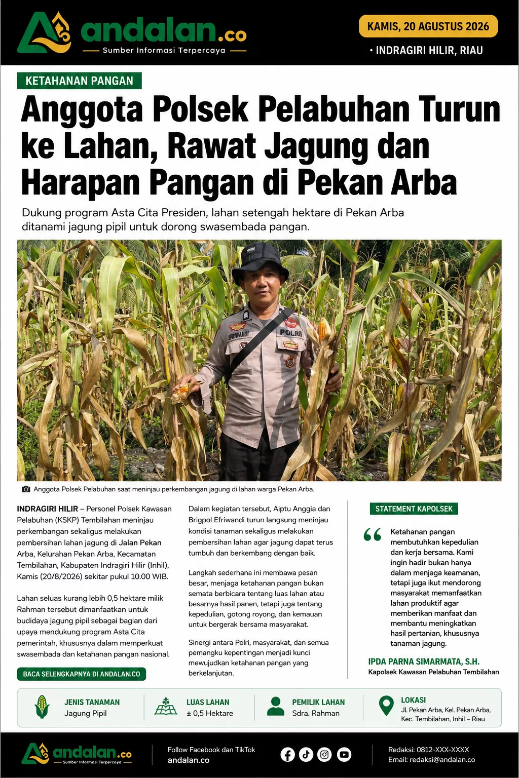 Anggota Polsek Pelabuhan Turun ke Lahan, Rawat Jagung dan Harapan Pangan di Pekan Arba