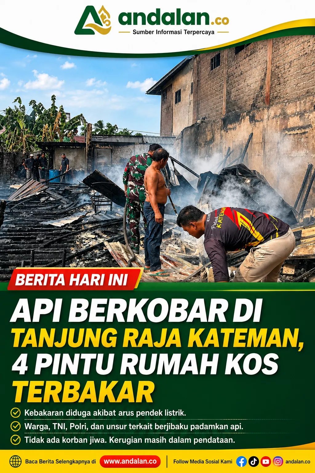 Api Berkobar di Tanjung Raja Kateman, 4 Pintu Rumah Kos Terbakar