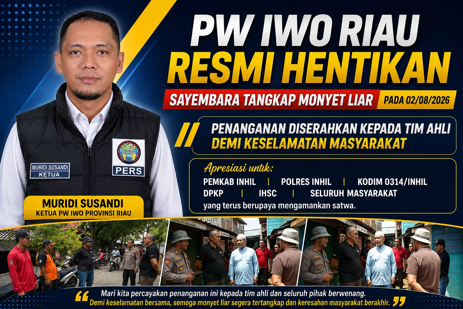 Ketua PW IWO Riau Resmi Hentikan Sayembara Tangkap Monyet Liar, Penanganan Diserahkan ke Tim Ahli Demi Keselamatan Warga