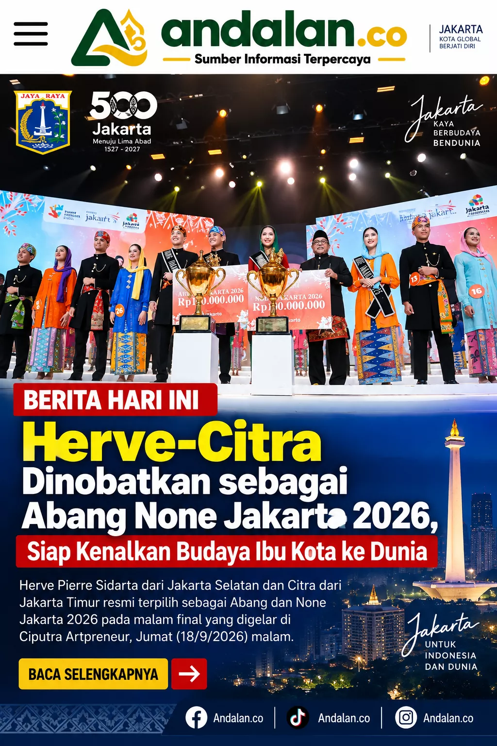 Herve-Citra Dinobatkan sebagai Abang None Jakarta 2026, Siap Kenalkan Budaya Ibu Kota ke Dunia
