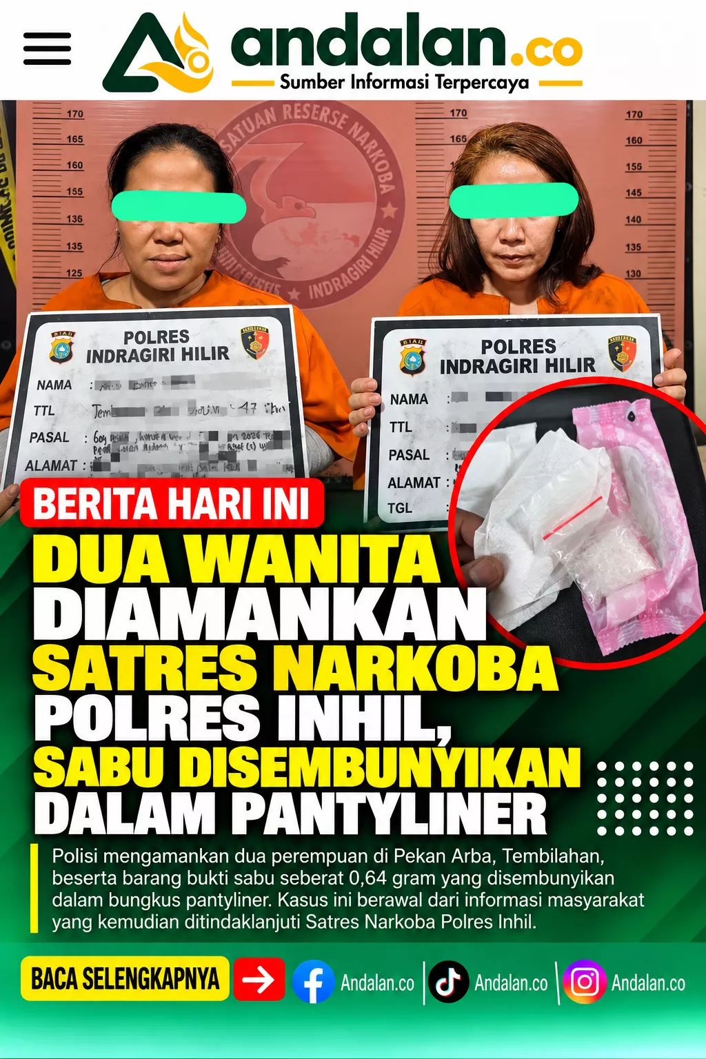 Dua Wanita Diamankan Satres Narkoba Polres Inhil, Sabu Disembunyikan dalam Pantyliner