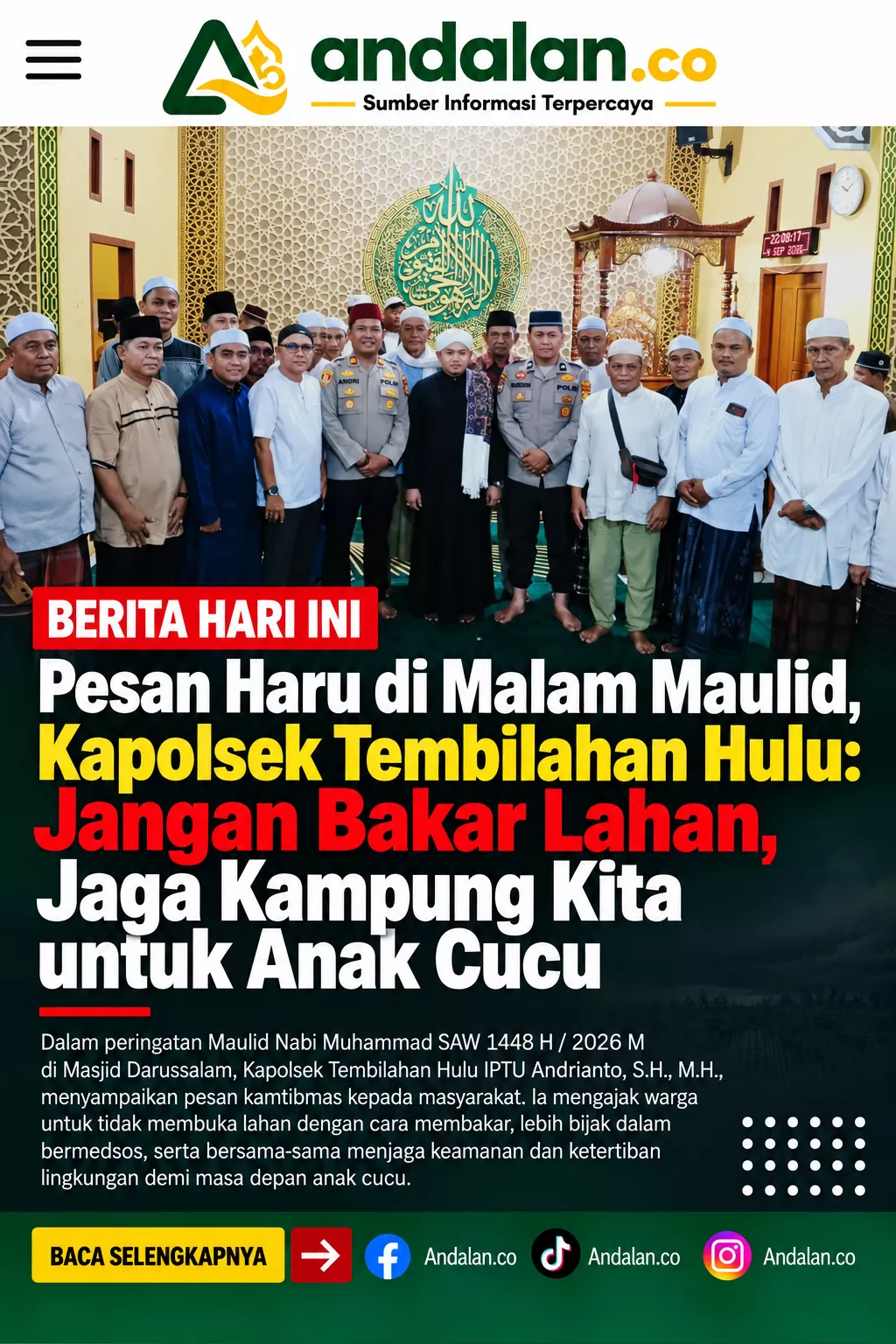 Pesan Haru di Malam Maulid, Kapolsek Tembilahan Hulu: Jangan Bakar Lahan, Jaga Kampung Kita untuk Anak Cucu