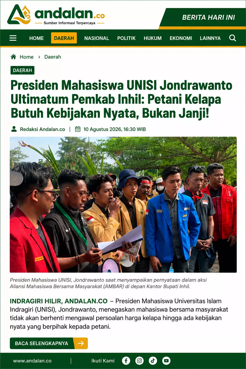 Presiden Mahasiswa UNISI Jondrawanto Ultimatum Pemkab Inhil: Petani Kelapa Butuh Kebijakan Nyata, Bukan Janji!