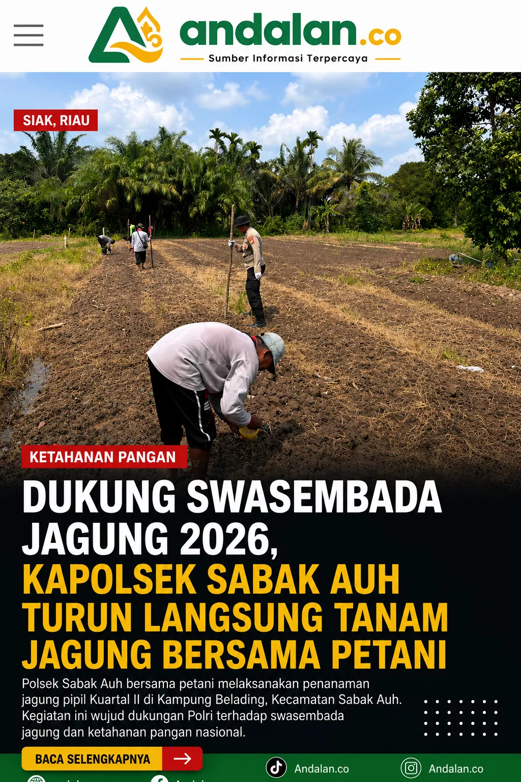 Dukung Swasembada Jagung 2026, Kapolsek Sabak Auh Turun Langsung Tanam Jagung Bersama Petani