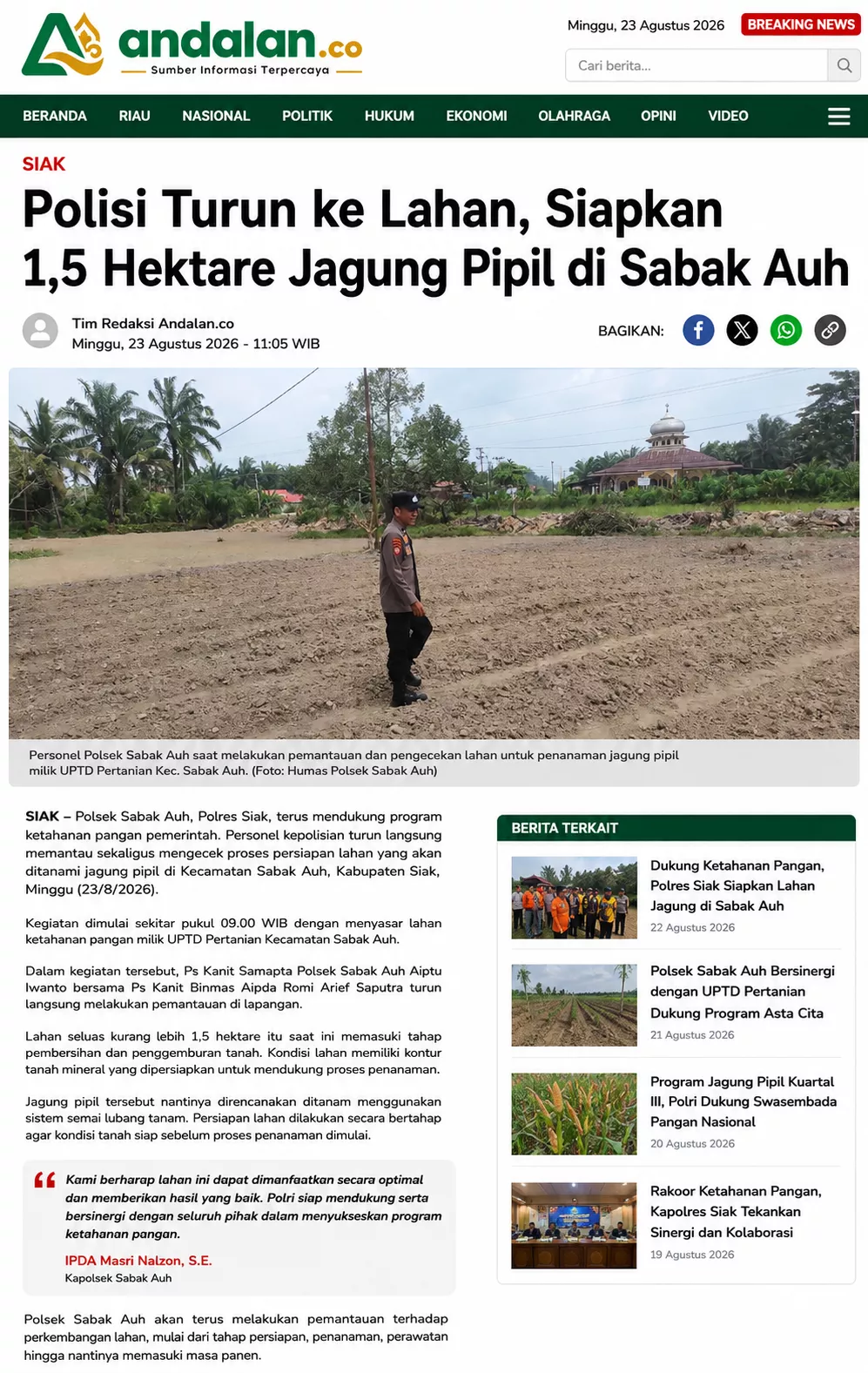 Polsek Sabak Auh Siapkan 1,5 Hektare Lahan Jagung, Ketahanan Pangan Dimulai dari Tanah yang Digemburkan