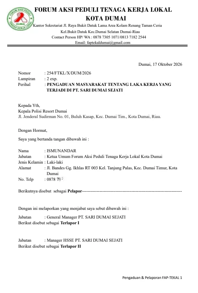 PT. TCI Mitra Kerja Apical Grup Di Laporkan Ke Polres Dumai Terkait Kecelakaan Kerja Dan K3