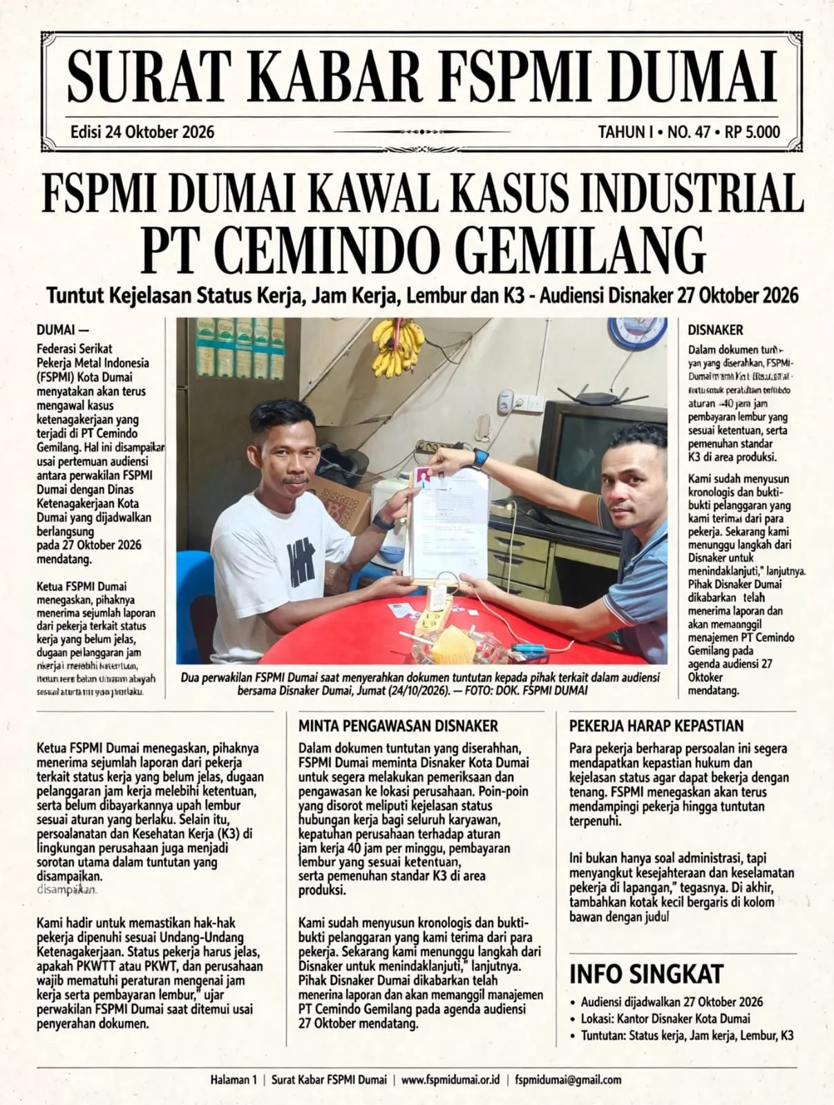 Soroti Hubungan Industrial Di PT. Cemindo Gemilang Tbk, FSPMI Dumai Minta Audiensi Ke Disnaker