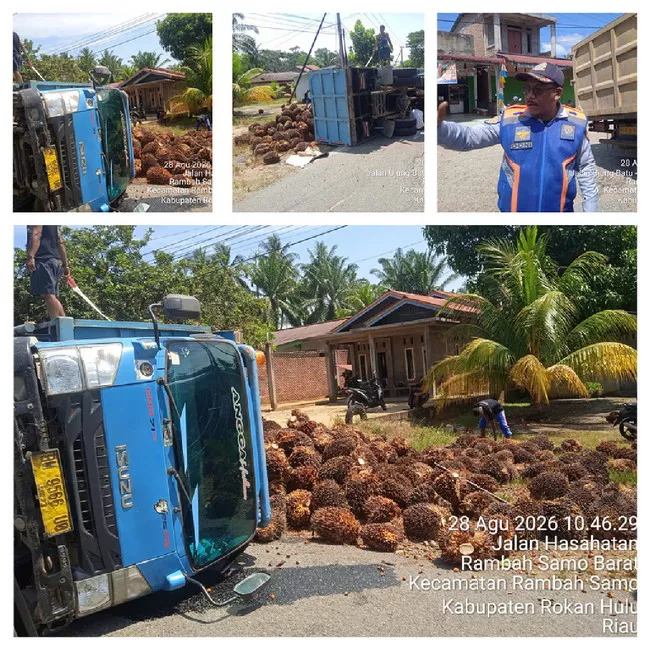 Truk Angkut Sawit Terguling di Jalan Provinsi Riau Rambah Samo, Lagi Lagi Jalan Rusak Parah !