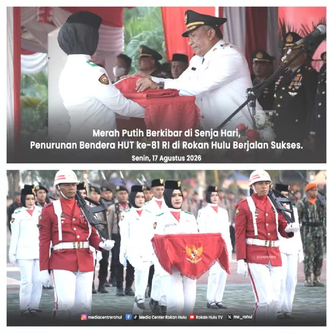 Penurunan Bendera HUT ke-81 RI di Rokan Hulu Berjalan Sukses