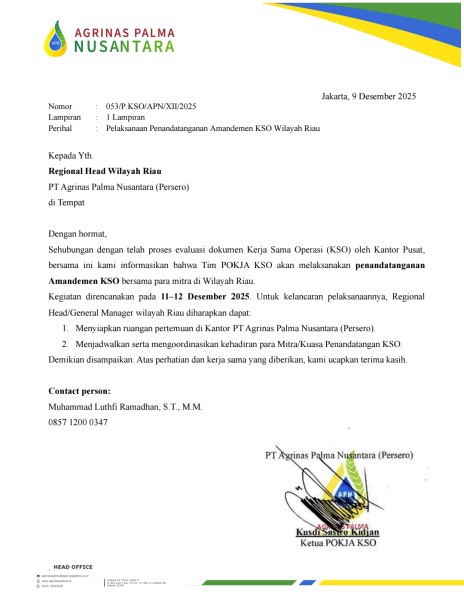Agrinas Palma Nusantara Gelar Penandatanganan Amandemen KSO di Riau pada 11–12 Desember 2025