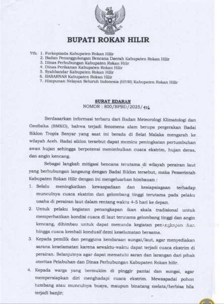 Badai Siklon Tropis Sengyar Ancam Perairan Rokan Hilir, Bupati Keluarkan Imbauan Kewaspadaan