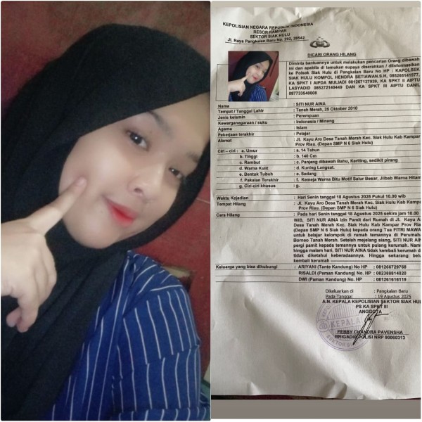 Siswi Bernama Siti Nur Aina di Kabupaten Kampar Dilaporkan Hilang Usai Pamit Belajar Kelompok