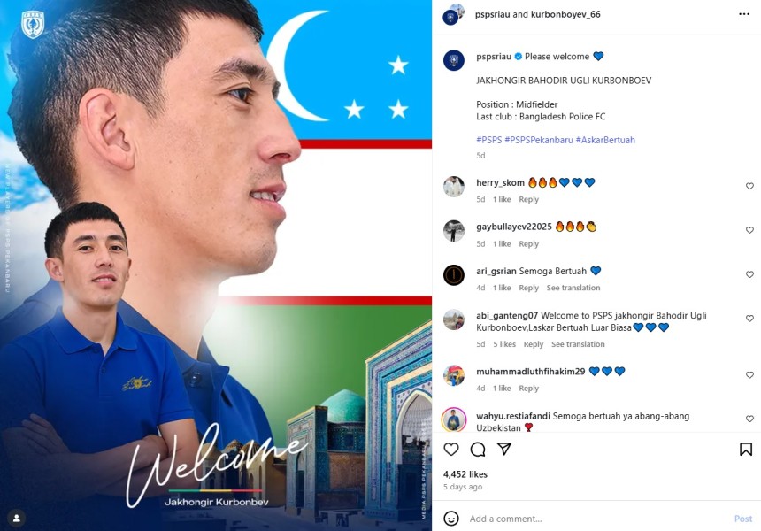 Hadapi Liga 2, PSPS Pekanbaru Rekrut Gelandang Serang asal Uzbekistan