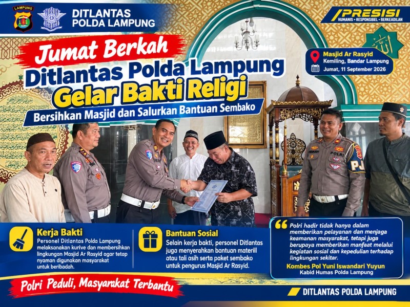 Jumat Berkah, Ditlantas Polda Lampung Bersihkan Masjid dan Salurkan Bantuan Sembako
