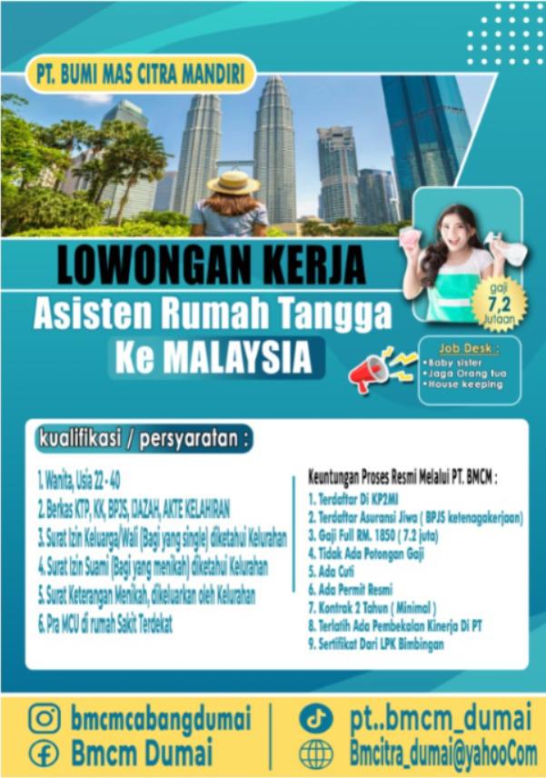 Kerja Legal ke Malaysia, PT Bumi Mas Citra Mandiri Dumai Buka Lowongan ART