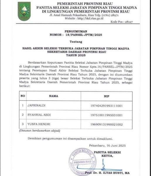 Tiga Nama Lolos Seleksi Terbuka Sekdaprov Riau, Siapa yang Terpilih Jadi Sekda Definitif?