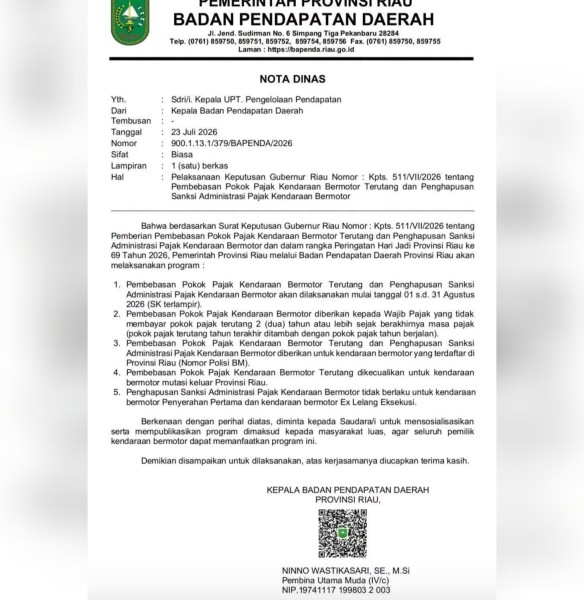 Pemprov Riau Gratiskan Tunggakan Pajak Kendaraan, Berlaku Sebulan Mulai 1 Agustus
